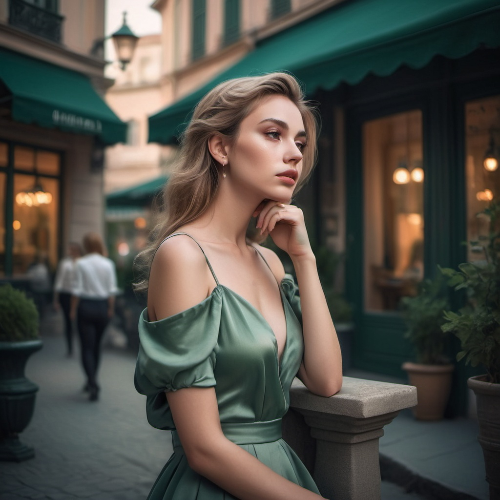 Young lady in pastel green dress lost in thought